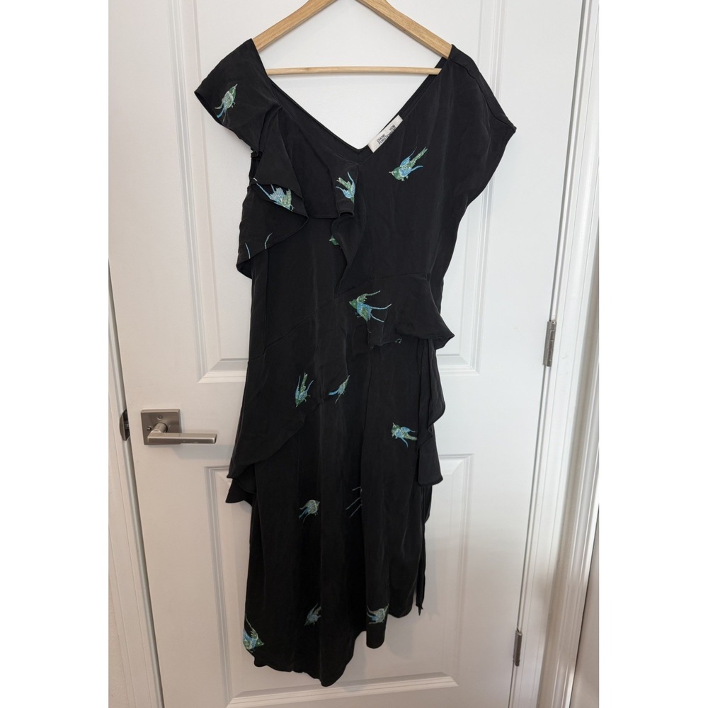 Diane von Furstenberg Black Silk Bird Print Asymmetric Ruffle Midi Dress Size 8